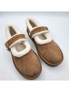 Greystone Cozy Tan Leather Mary Jane Shoes with Faux Fur Lining Sz 7